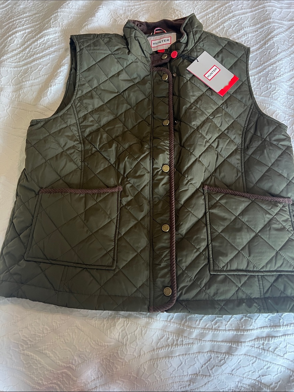 Hunter Olive Green Quilted Kids Vest with Brown Trim